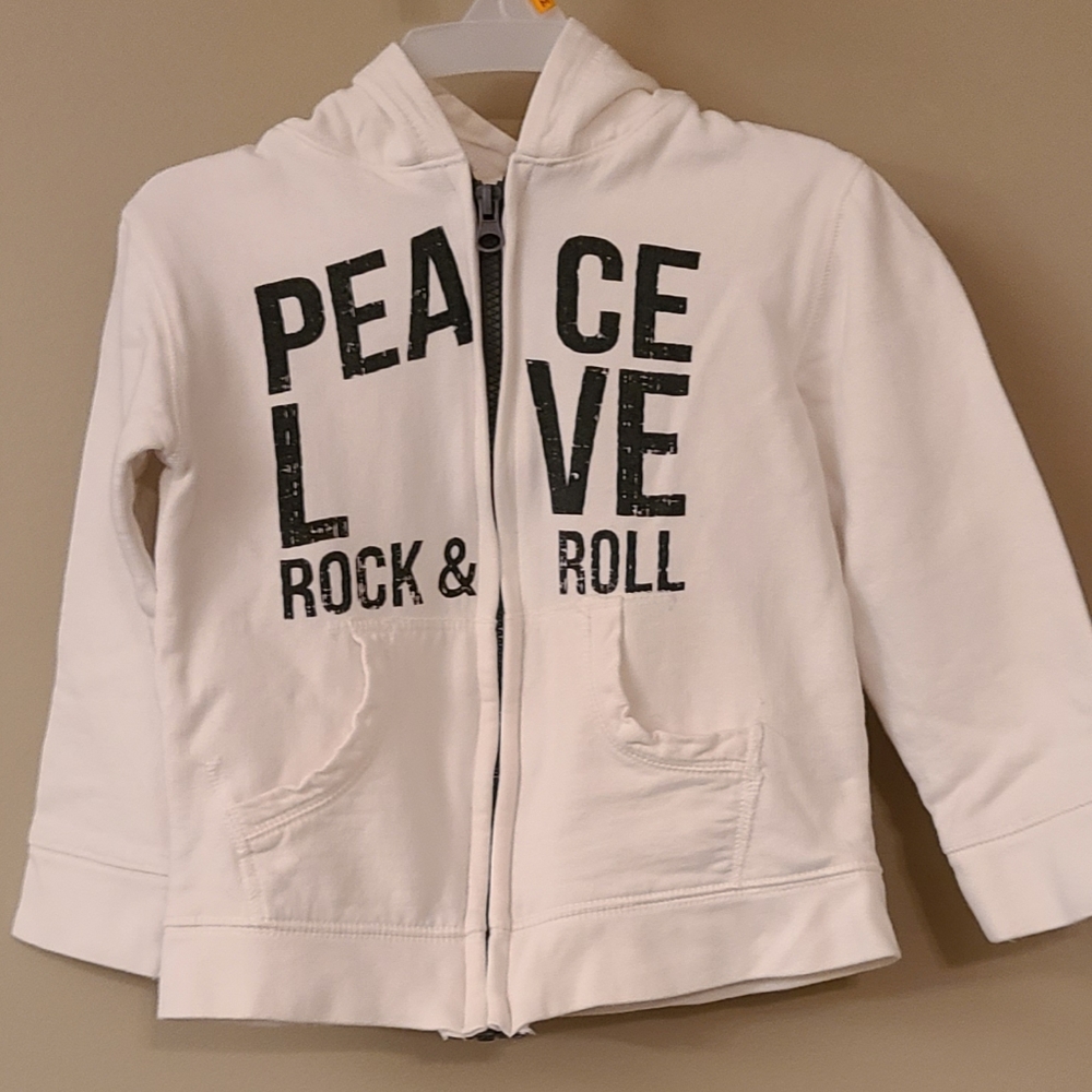 Silly Souls "Peace, Love, Rock & Roll" white zip up hoody